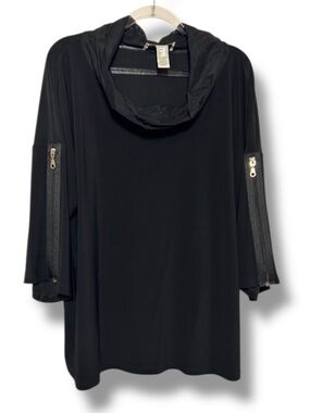 Joseph Ribkoff Lagenlook Tunic Top Black Cowl  Zip-Sleeve Shirt Size 18